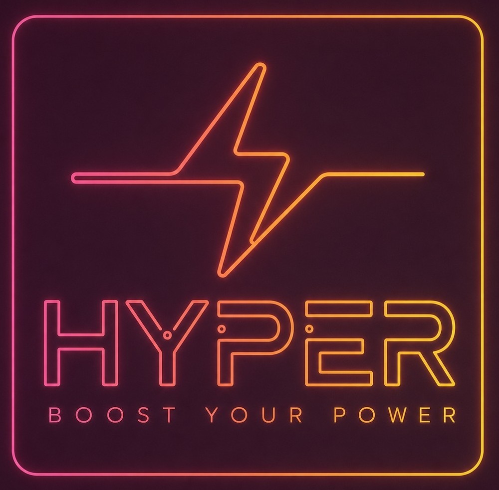Logo Hyper Energy: fulmine al neon e claim Boost your power